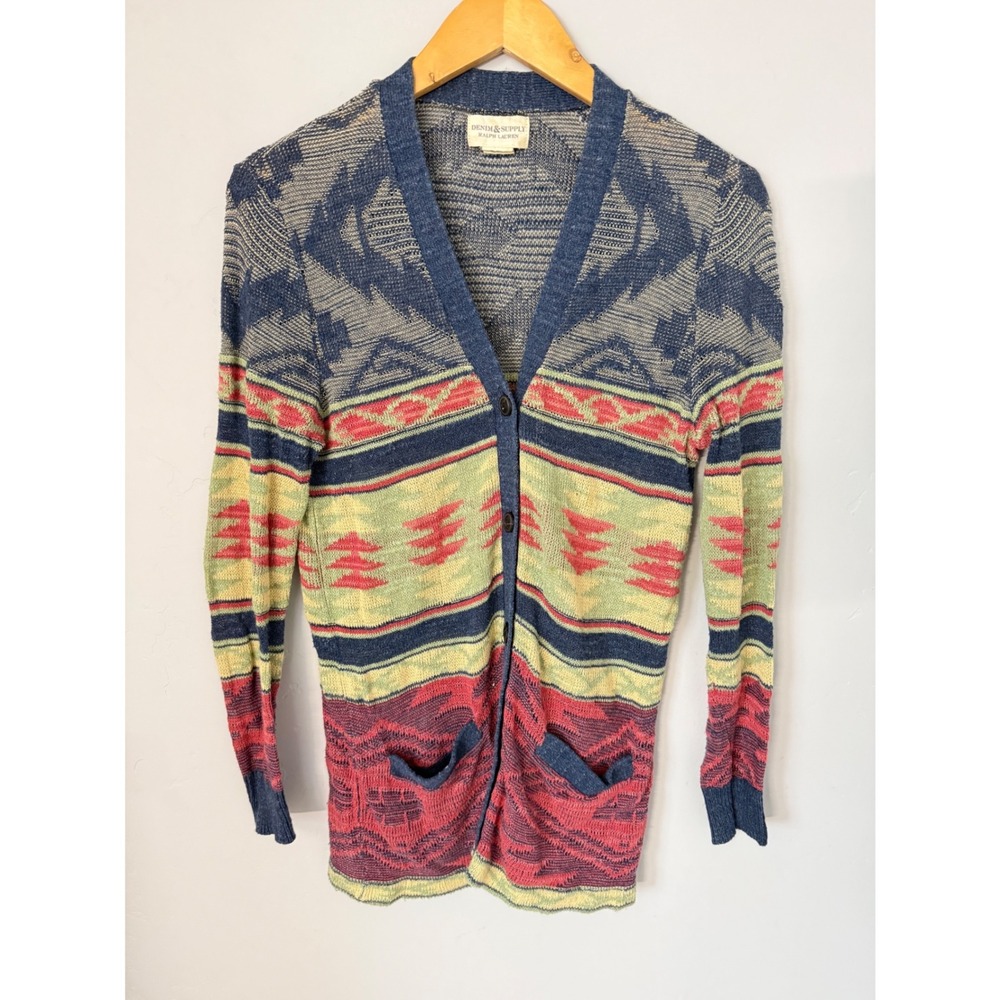 Denim & Supply Ralph Lauren Southwestern Cardigan Blue Red Medium Linen Blend